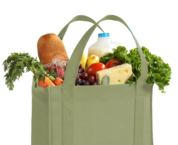 A reusable grocery bag filled with fresh produce, bread, milk, and cheese.