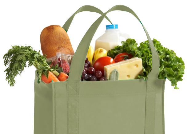 A reusable grocery bag filled with fresh produce, bread, milk, and cheese.